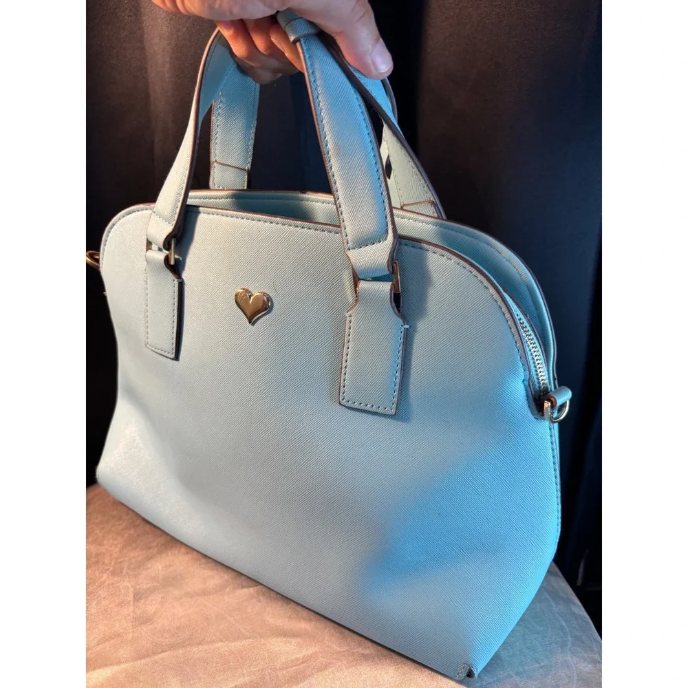 Blue Saffiano Dome Satchel Bag with Gold Heart Detail and Striped Lining